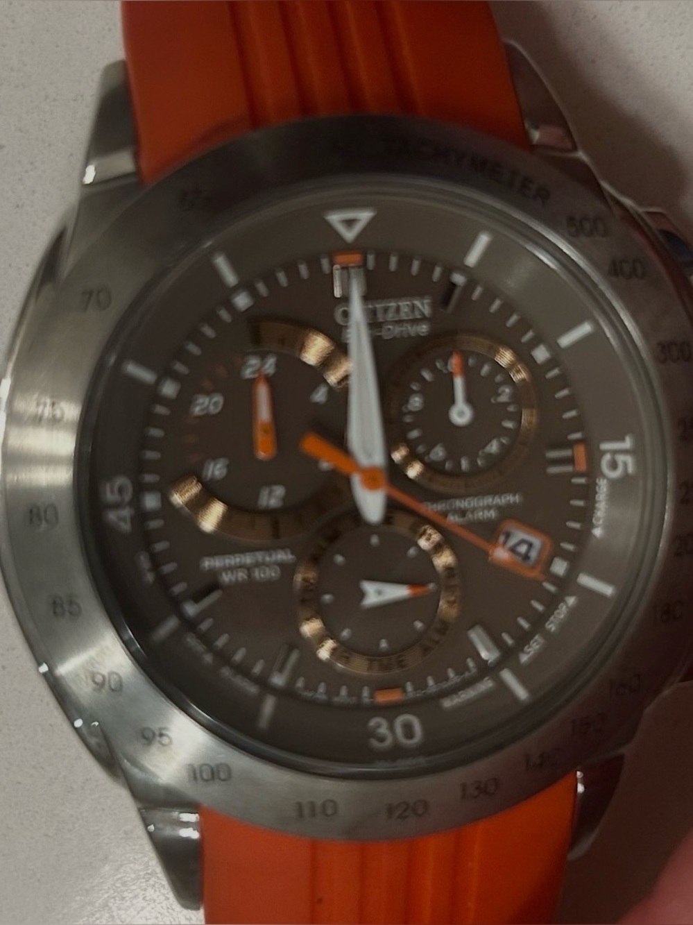 Citizen Eco-Drive C660 Perpetual Calendar Chronograph Alarm Orange Strap Watch